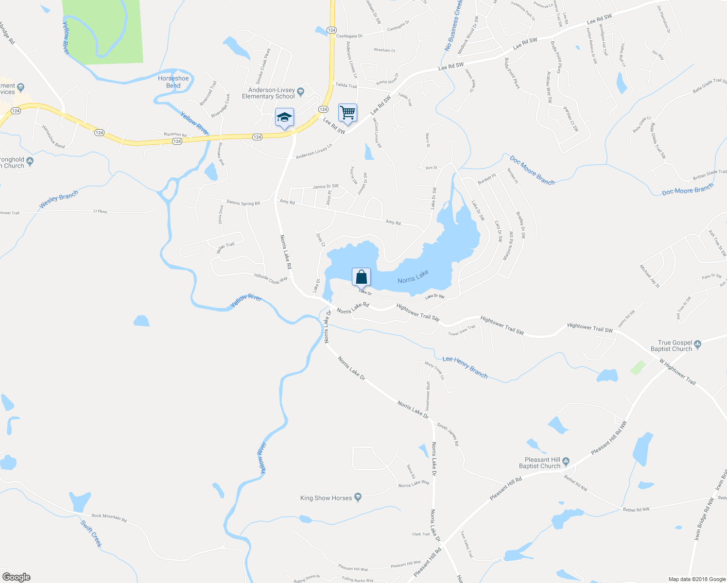 map of restaurants, bars, coffee shops, grocery stores, and more near 8399 Lake Drive in Snellville