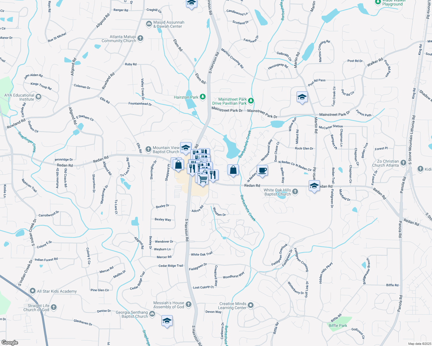 map of restaurants, bars, coffee shops, grocery stores, and more near 4962 Redan Road in Stone Mountain