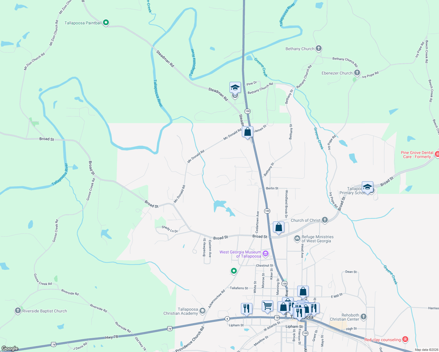 map of restaurants, bars, coffee shops, grocery stores, and more near 193 Faye St in Tallapoosa