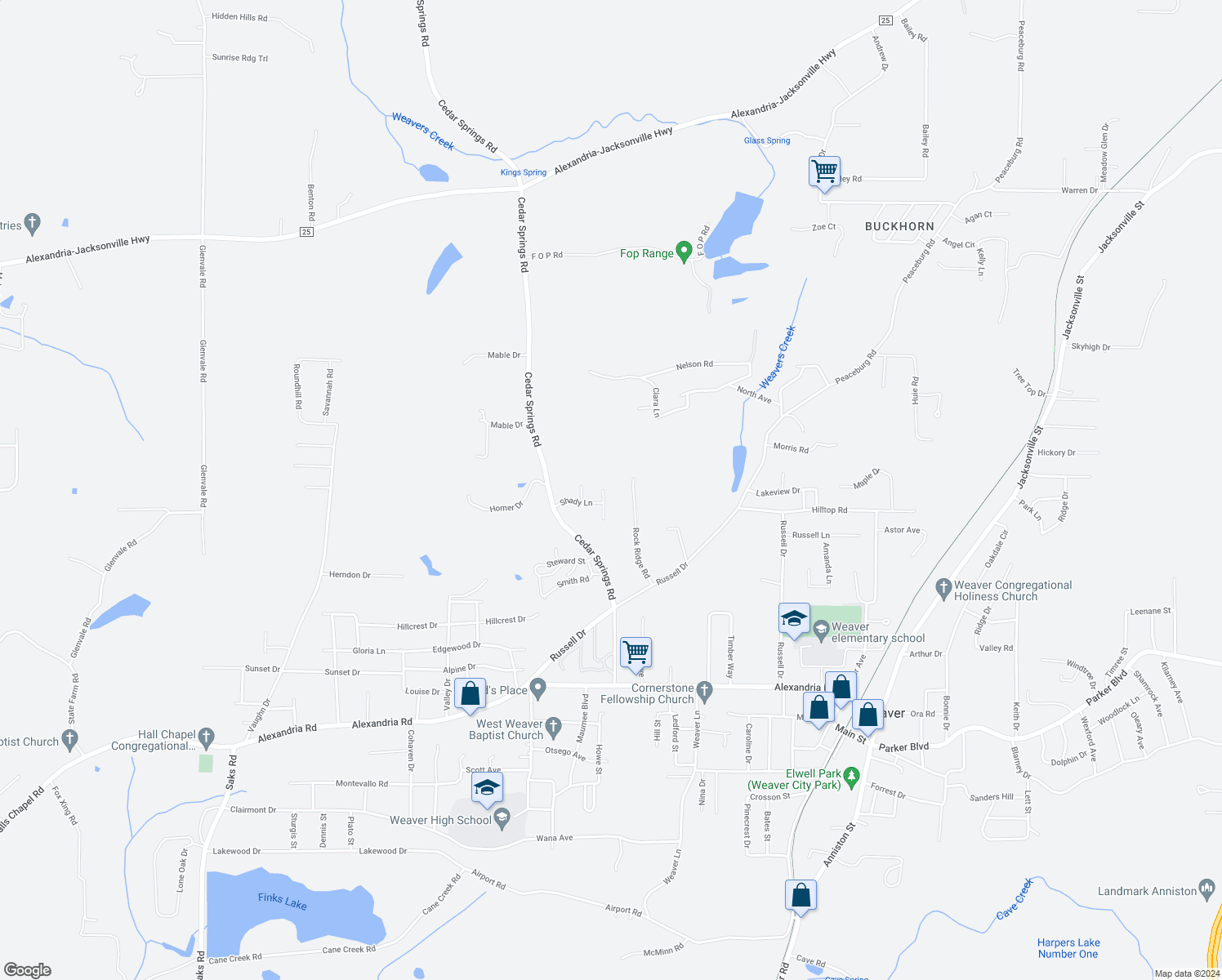 map of restaurants, bars, coffee shops, grocery stores, and more near 929 Princess Drive in Weaver