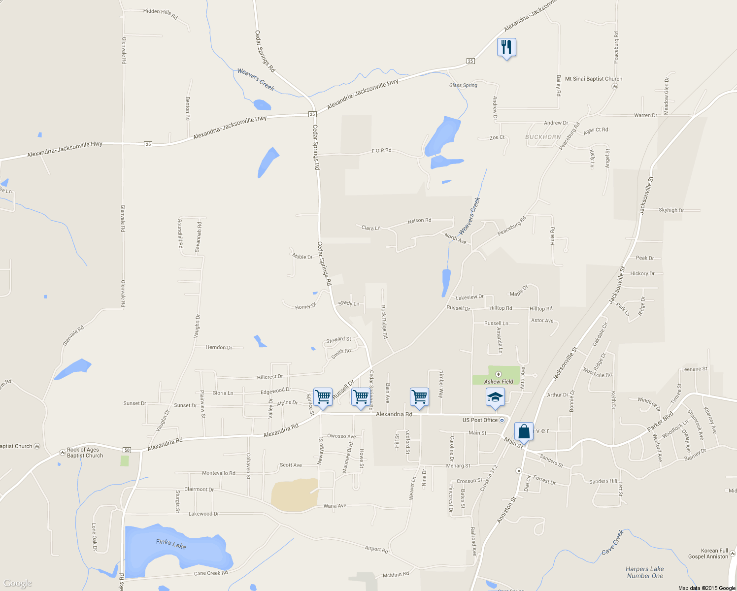 map of restaurants, bars, coffee shops, grocery stores, and more near 827 Princess Drive in Weaver