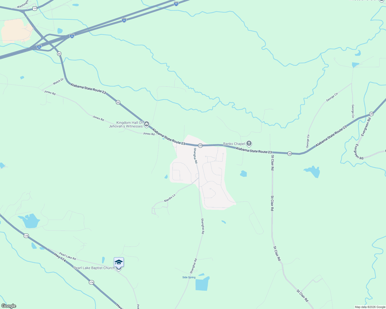map of restaurants, bars, coffee shops, grocery stores, and more near 2093 Shanghai Road in Springville