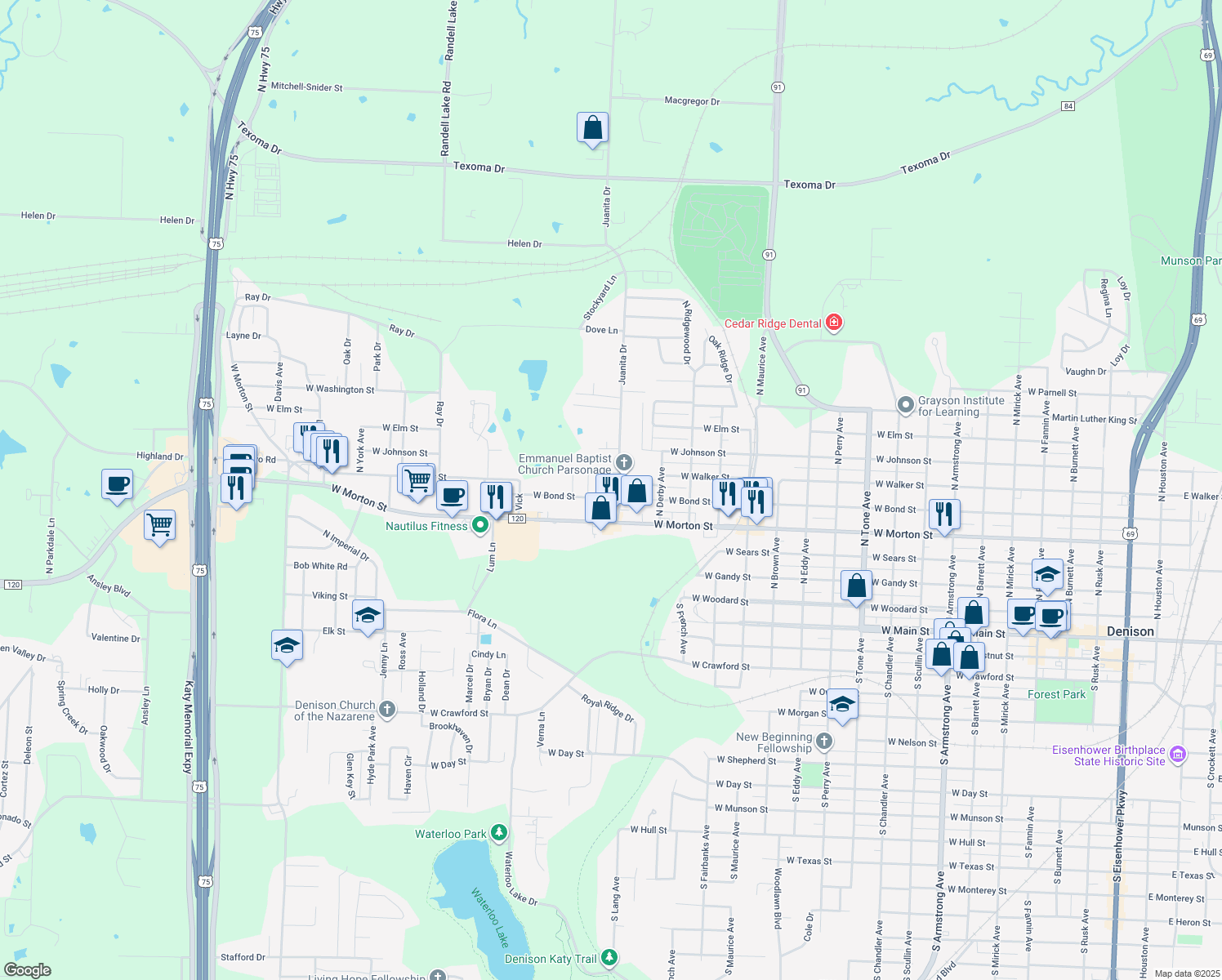 map of restaurants, bars, coffee shops, grocery stores, and more near 1911 West Bond Street in Denison