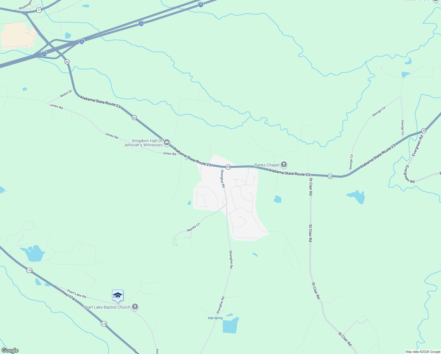 map of restaurants, bars, coffee shops, grocery stores, and more near 2093 Shanghai Road in Springville