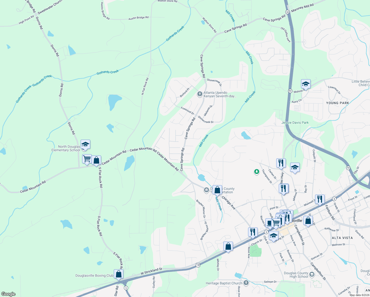 map of restaurants, bars, coffee shops, grocery stores, and more near 5851 Angela Ct in Douglasville