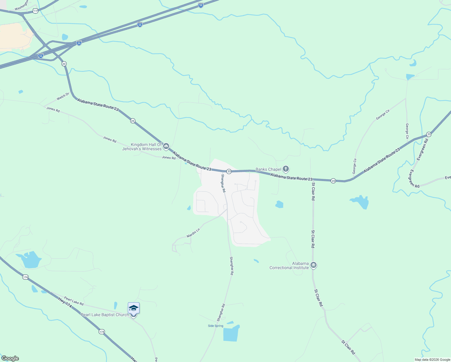 map of restaurants, bars, coffee shops, grocery stores, and more near 2188 Shanghai Road in Springville
