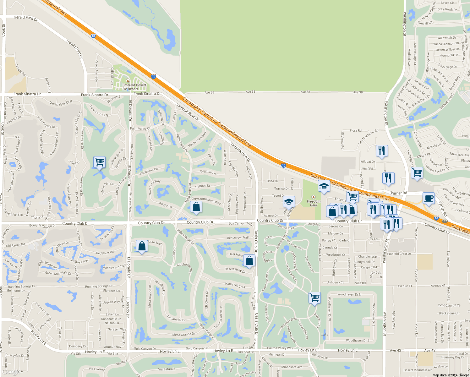 map of restaurants, bars, coffee shops, grocery stores, and more near 76835 Bishop Place in Palm Desert