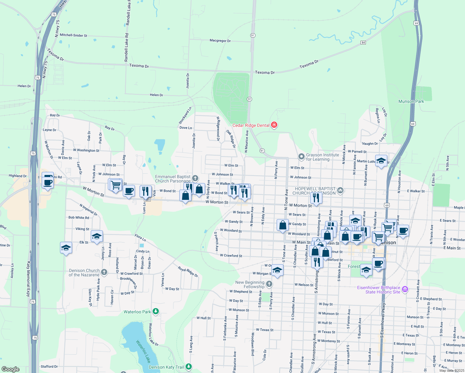 map of restaurants, bars, coffee shops, grocery stores, and more near 1530 W Walker St in Denison
