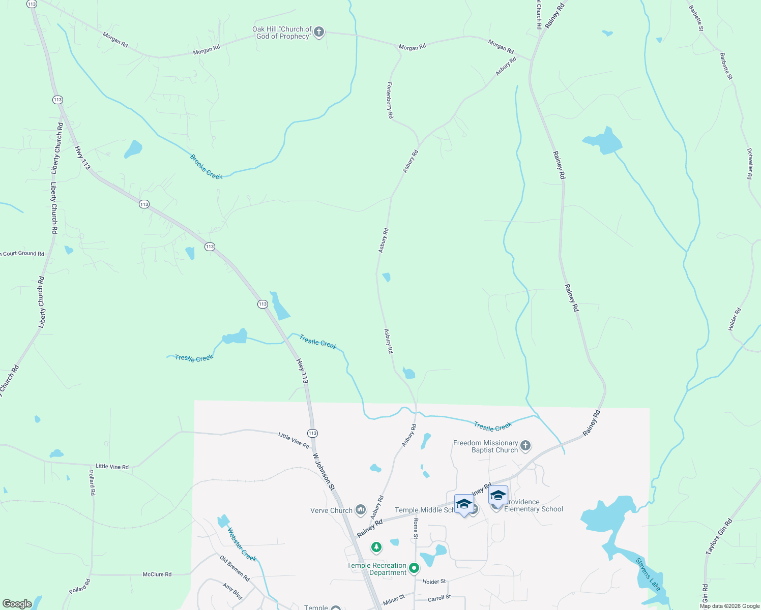 map of restaurants, bars, coffee shops, grocery stores, and more near Asbury Road in Temple