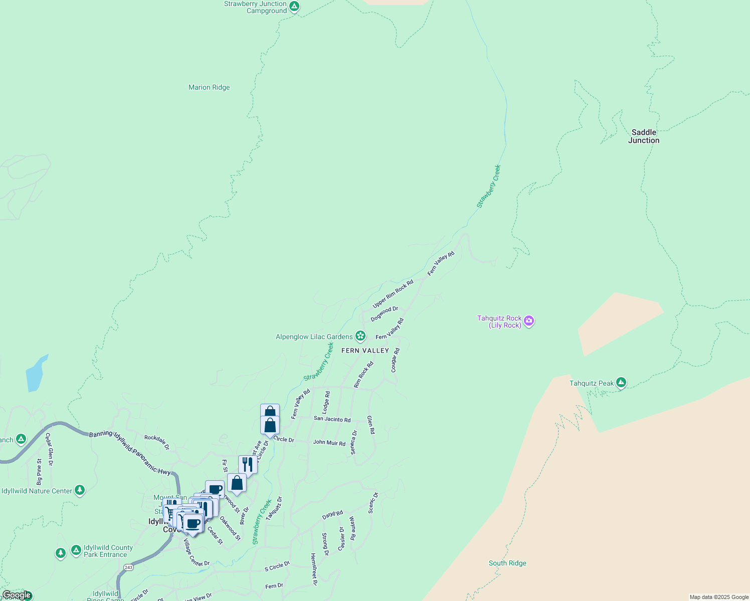 map of restaurants, bars, coffee shops, grocery stores, and more near 24730 Upper Rim Rock Road in Idyllwild-Pine Cove