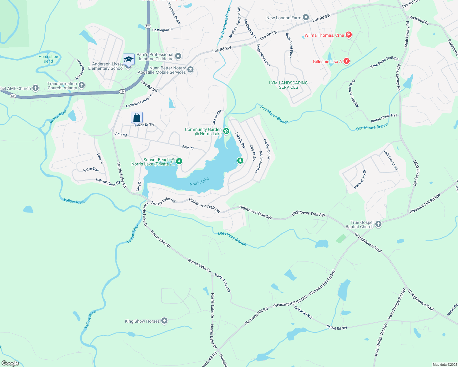 map of restaurants, bars, coffee shops, grocery stores, and more near 5800 Cary Drive Southwest in Snellville