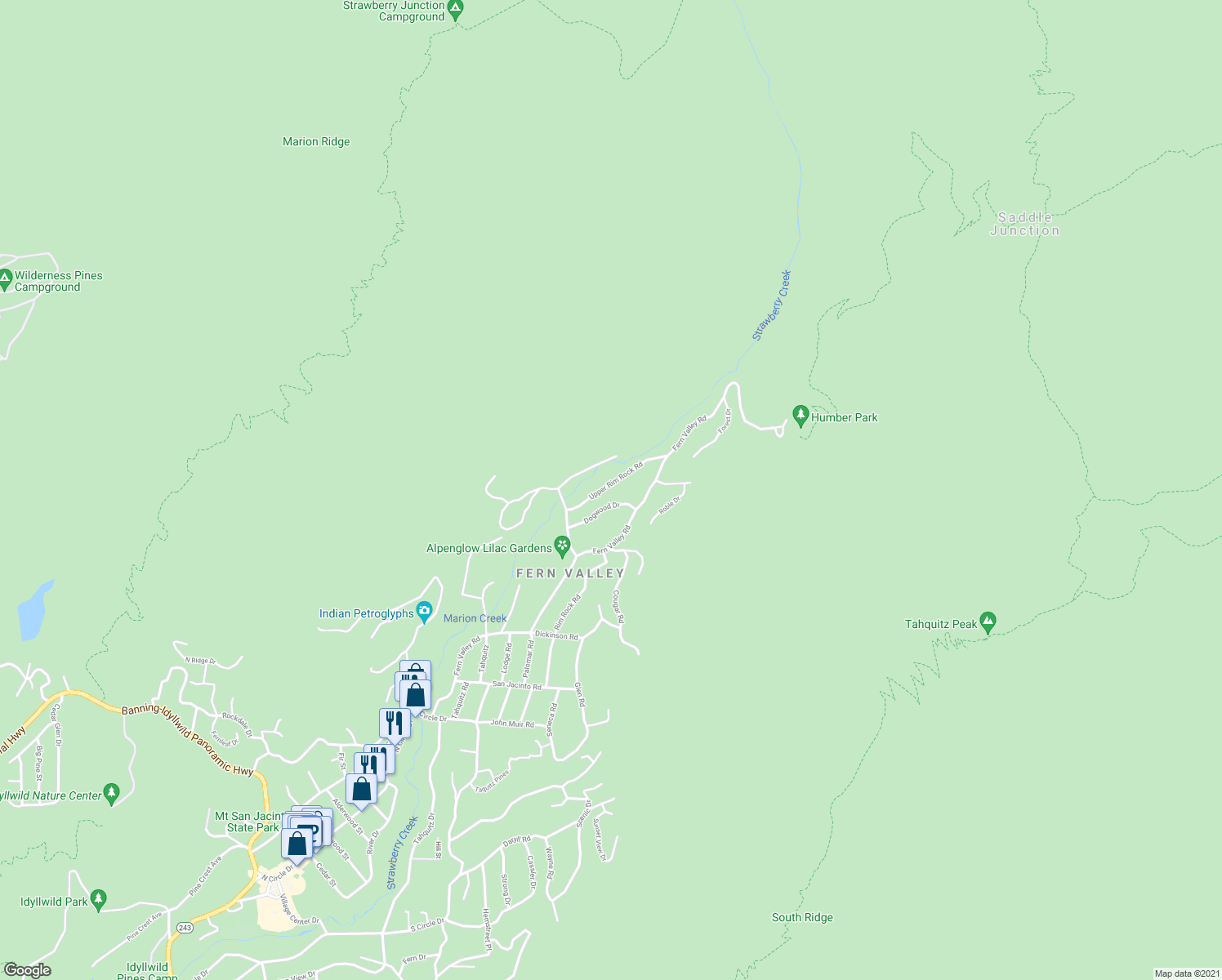 map of restaurants, bars, coffee shops, grocery stores, and more near 24655 Upper Rim Rock Road in Idyllwild-Pine Cove