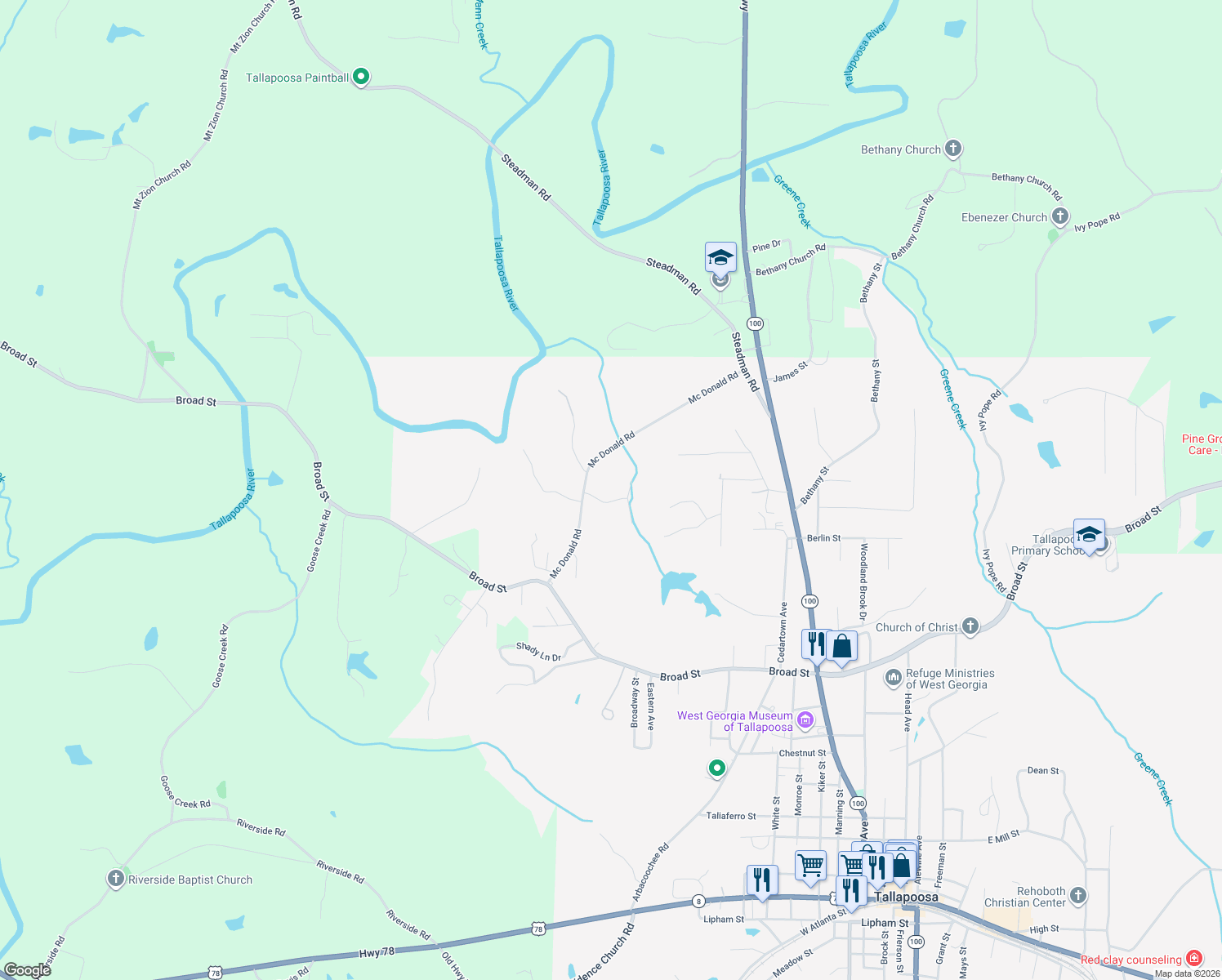 map of restaurants, bars, coffee shops, grocery stores, and more near 50 Woodstream Drive in Tallapoosa