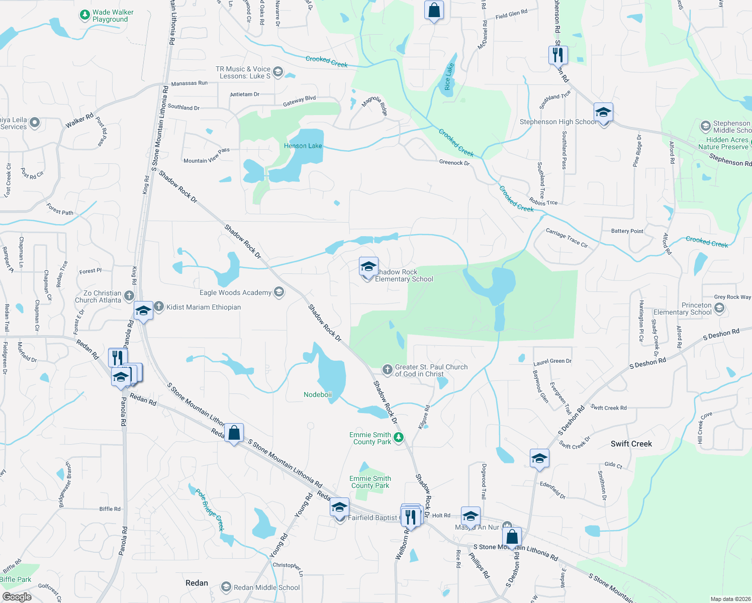 map of restaurants, bars, coffee shops, grocery stores, and more near 5986 King Way Walk in Lithonia