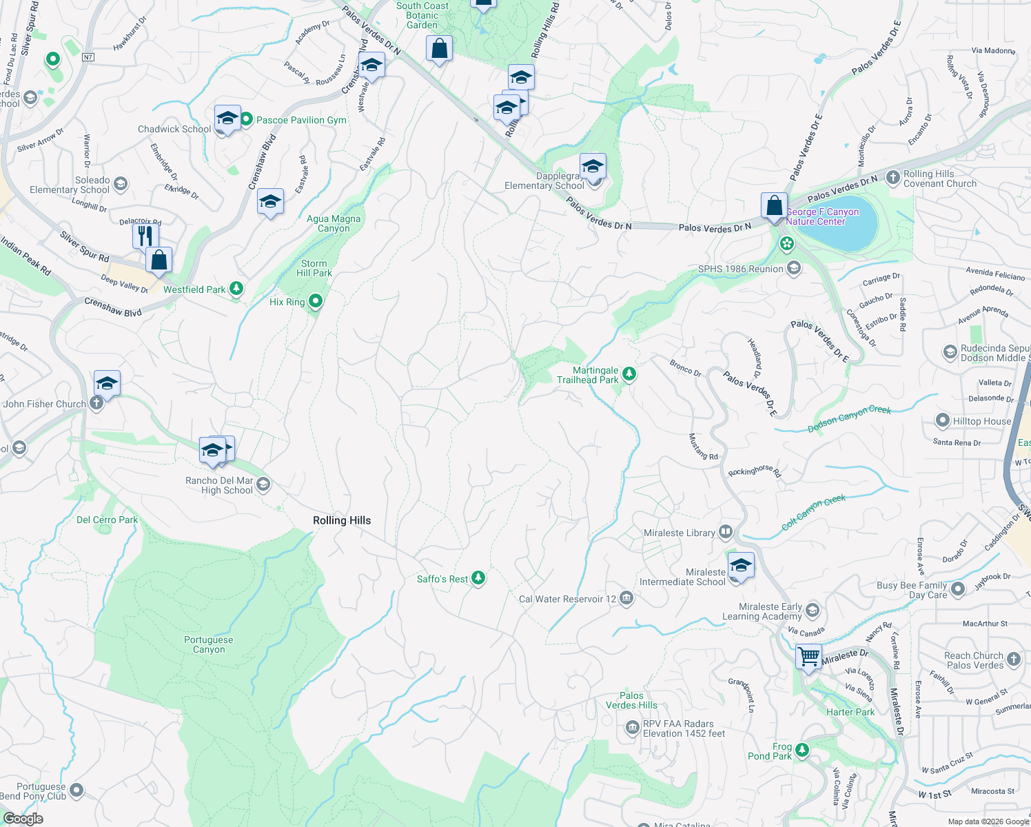 map of restaurants, bars, coffee shops, grocery stores, and more near 4 Poppy Trail in Rolling Hills
