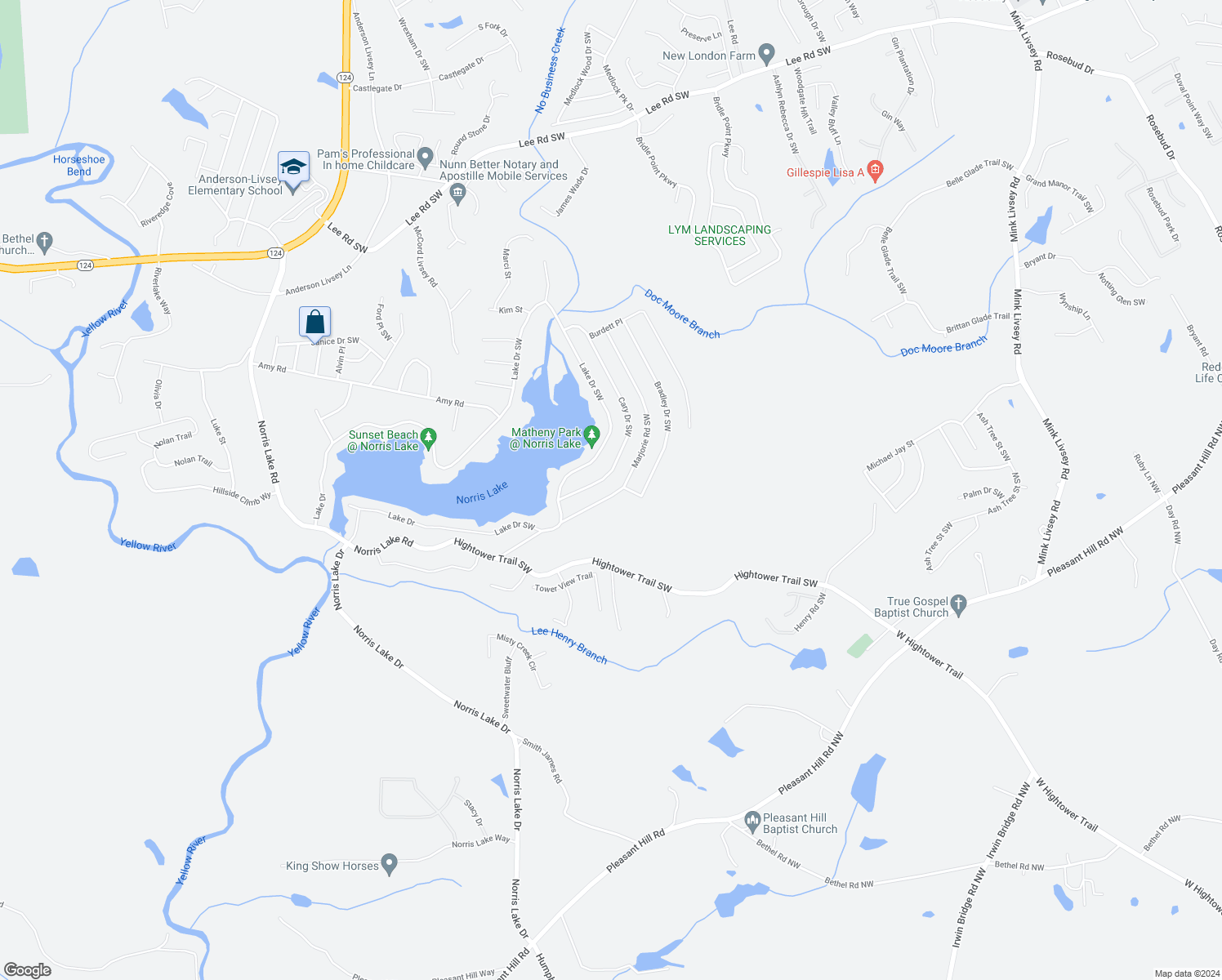 map of restaurants, bars, coffee shops, grocery stores, and more near 4425 Marjorie Road Southwest in Snellville