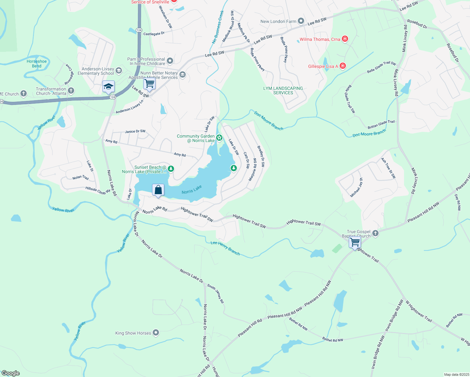 map of restaurants, bars, coffee shops, grocery stores, and more near 4464 Cary Drive Southwest in Snellville
