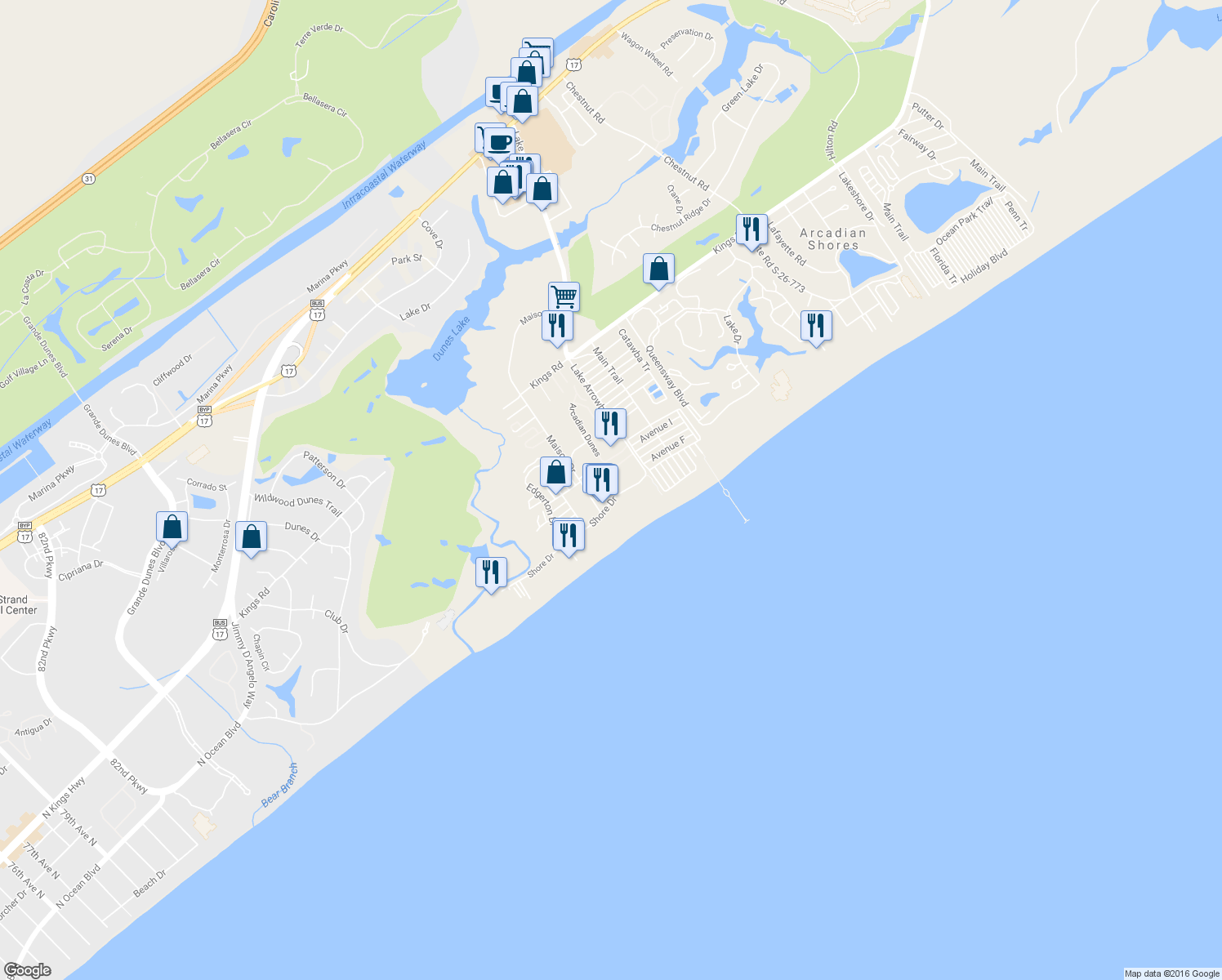 map of restaurants, bars, coffee shops, grocery stores, and more near 201-P Shipwatch Points in Myrtle Beach