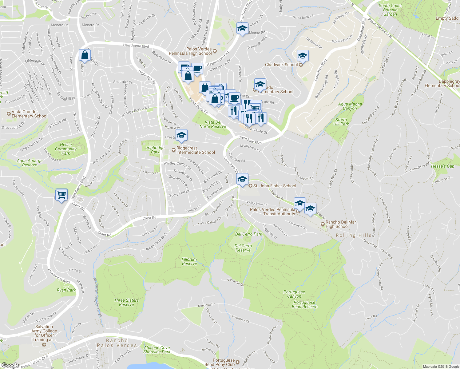 map of restaurants, bars, coffee shops, grocery stores, and more near 9 Mela Lane in Rancho Palos Verdes