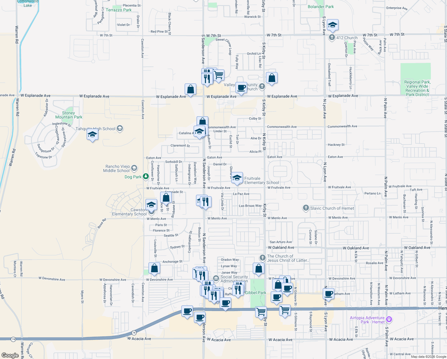 map of restaurants, bars, coffee shops, grocery stores, and more near 3070 Sherry Drive in Hemet