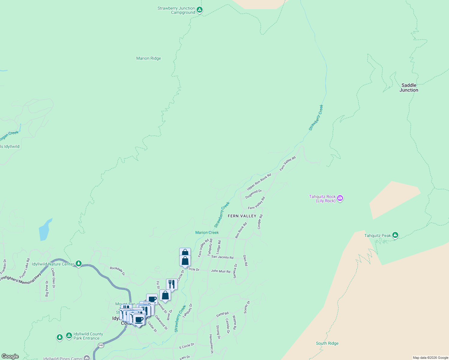 map of restaurants, bars, coffee shops, grocery stores, and more near 55160 Forest Haven Drive in Idyllwild-Pine Cove