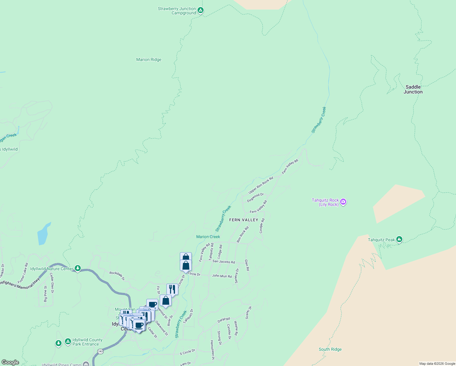 map of restaurants, bars, coffee shops, grocery stores, and more near 55160 Forest Haven Drive in Idyllwild-Pine Cove