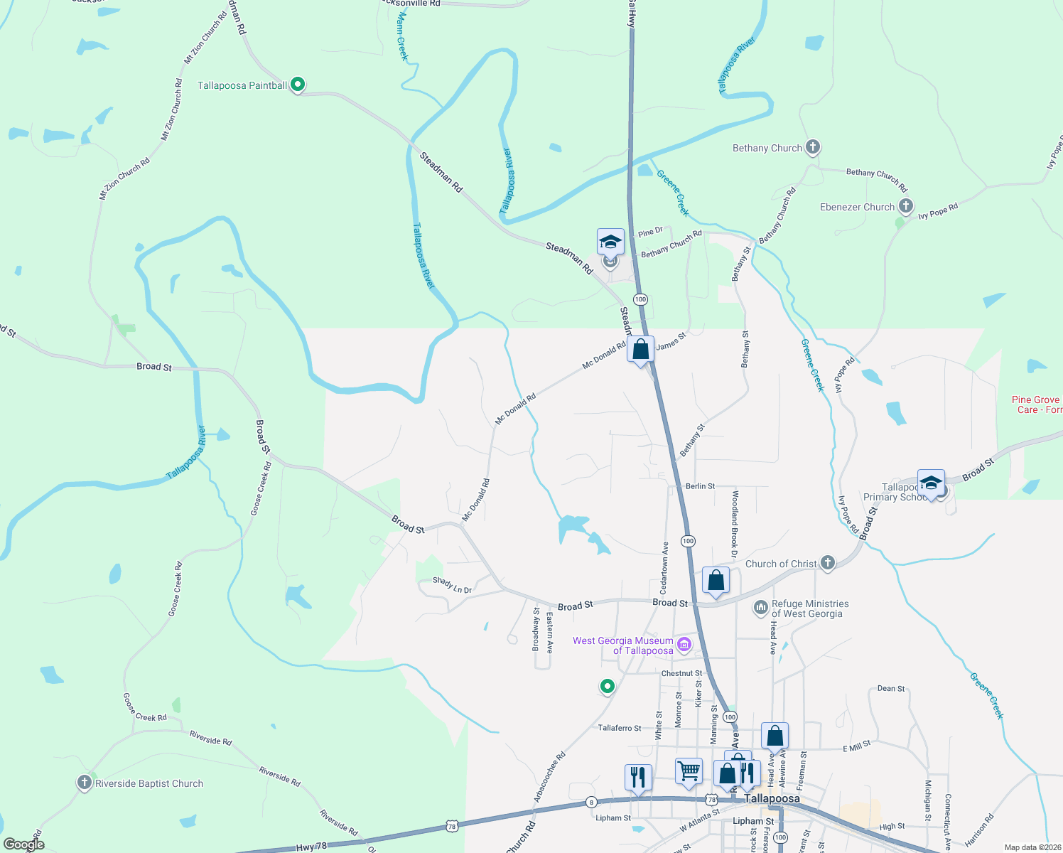 map of restaurants, bars, coffee shops, grocery stores, and more near 34 Woodstream Lane in Tallapoosa