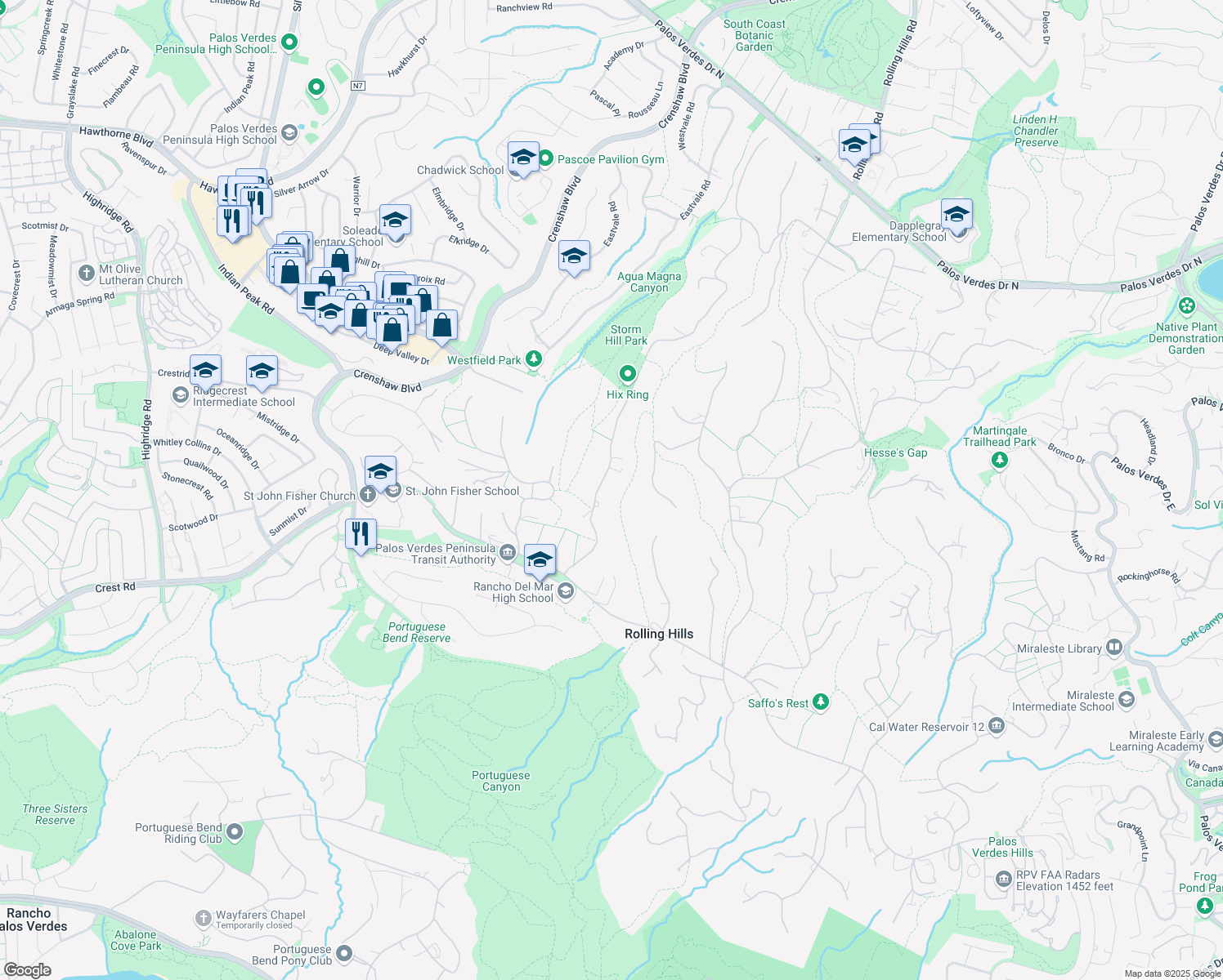 map of restaurants, bars, coffee shops, grocery stores, and more near 11 Buggy Whip Drive in Palos Verdes Peninsula