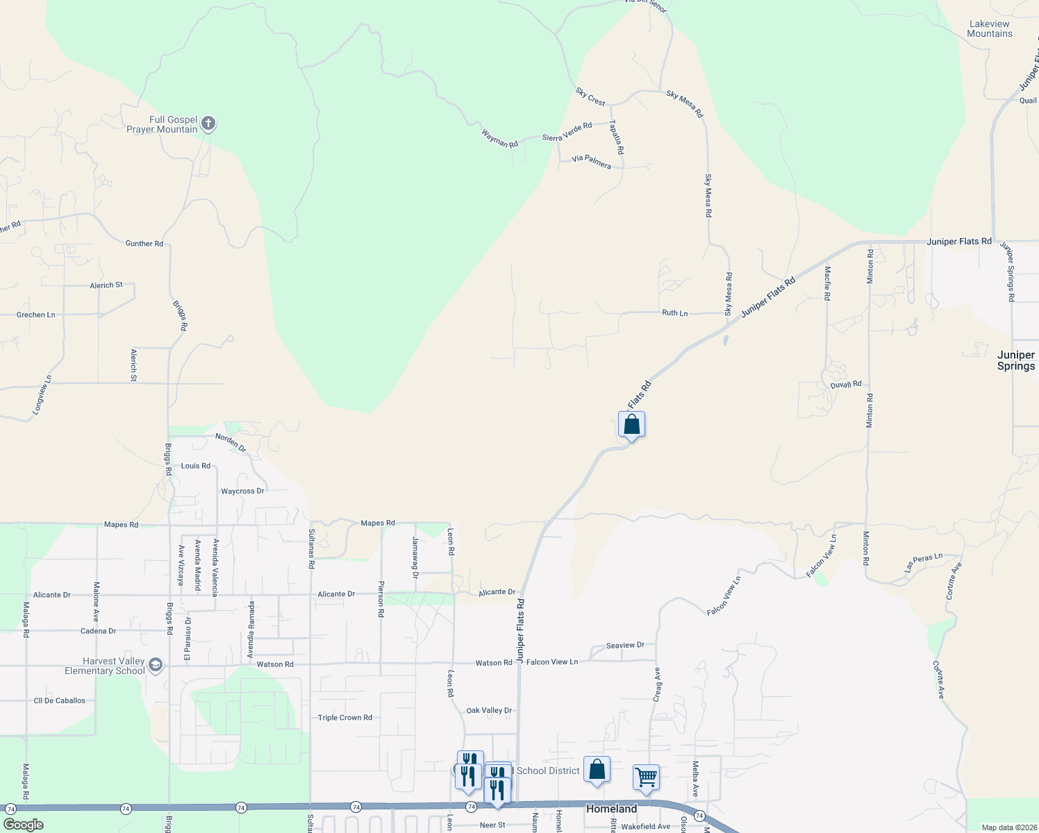 map of restaurants, bars, coffee shops, grocery stores, and more near 24811 Juniper Flats Road in Homeland
