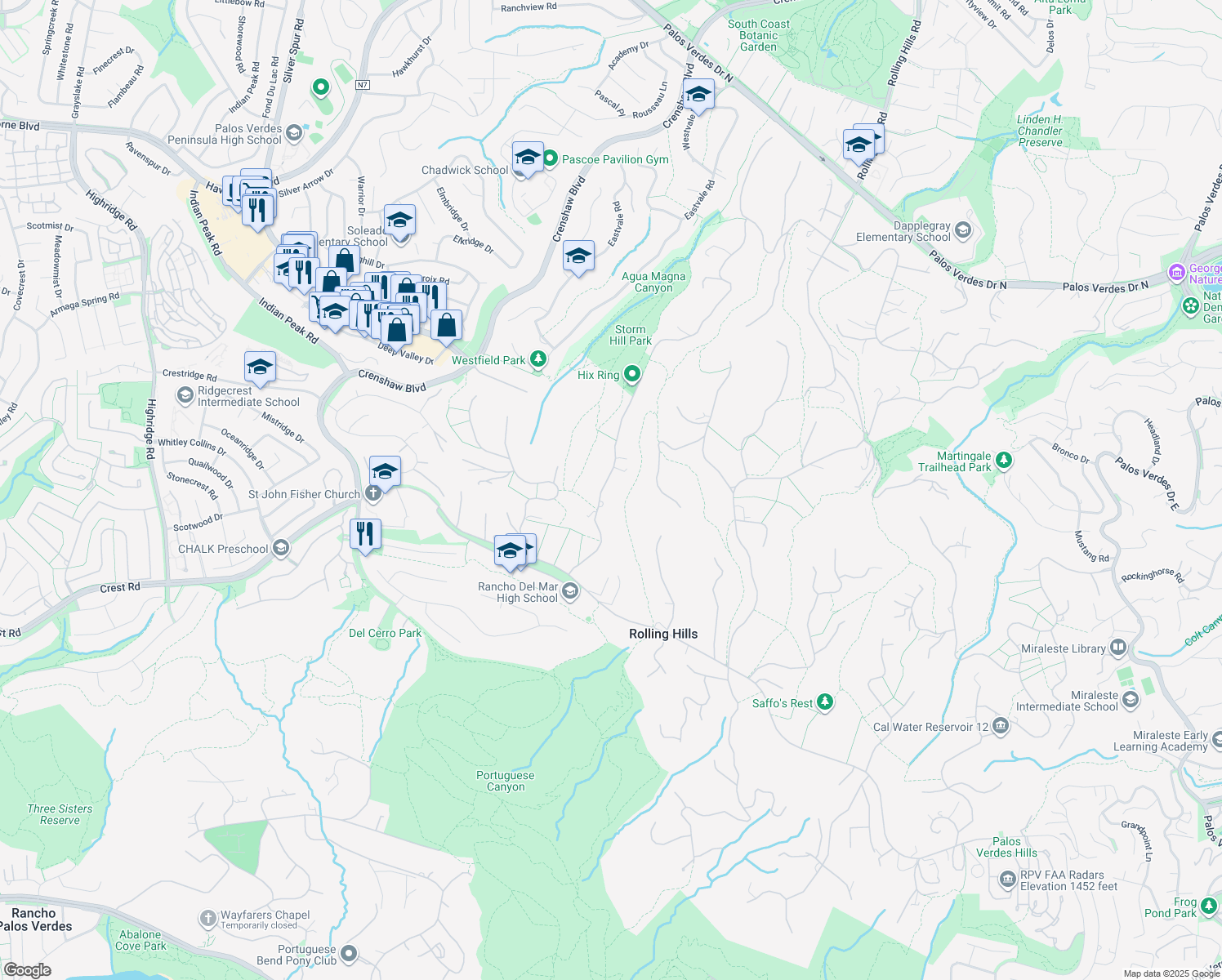map of restaurants, bars, coffee shops, grocery stores, and more near 11 Buggy Whip Drive in Rolling Hills