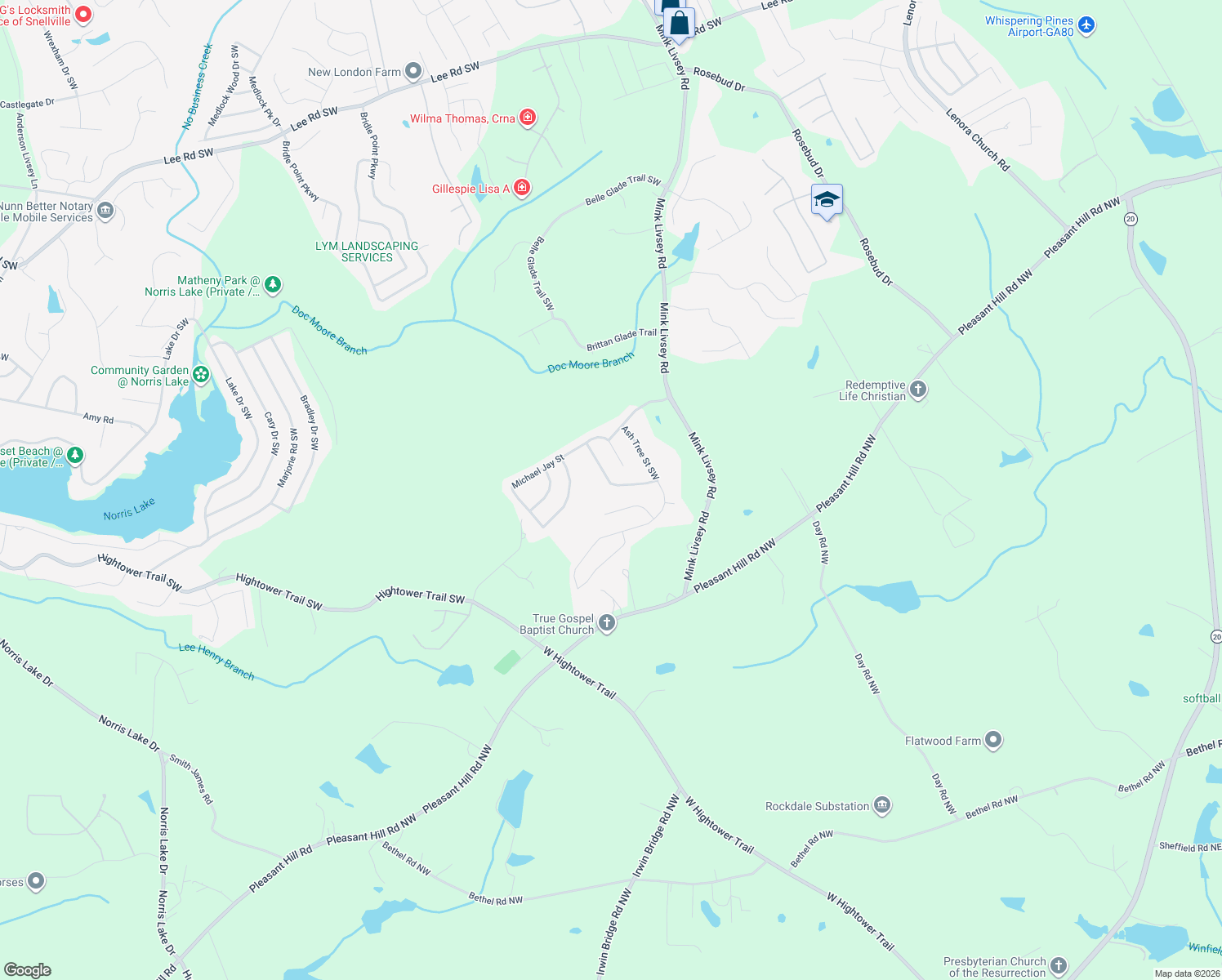 map of restaurants, bars, coffee shops, grocery stores, and more near 4983 Laythan Jace Court Southwest in Snellville