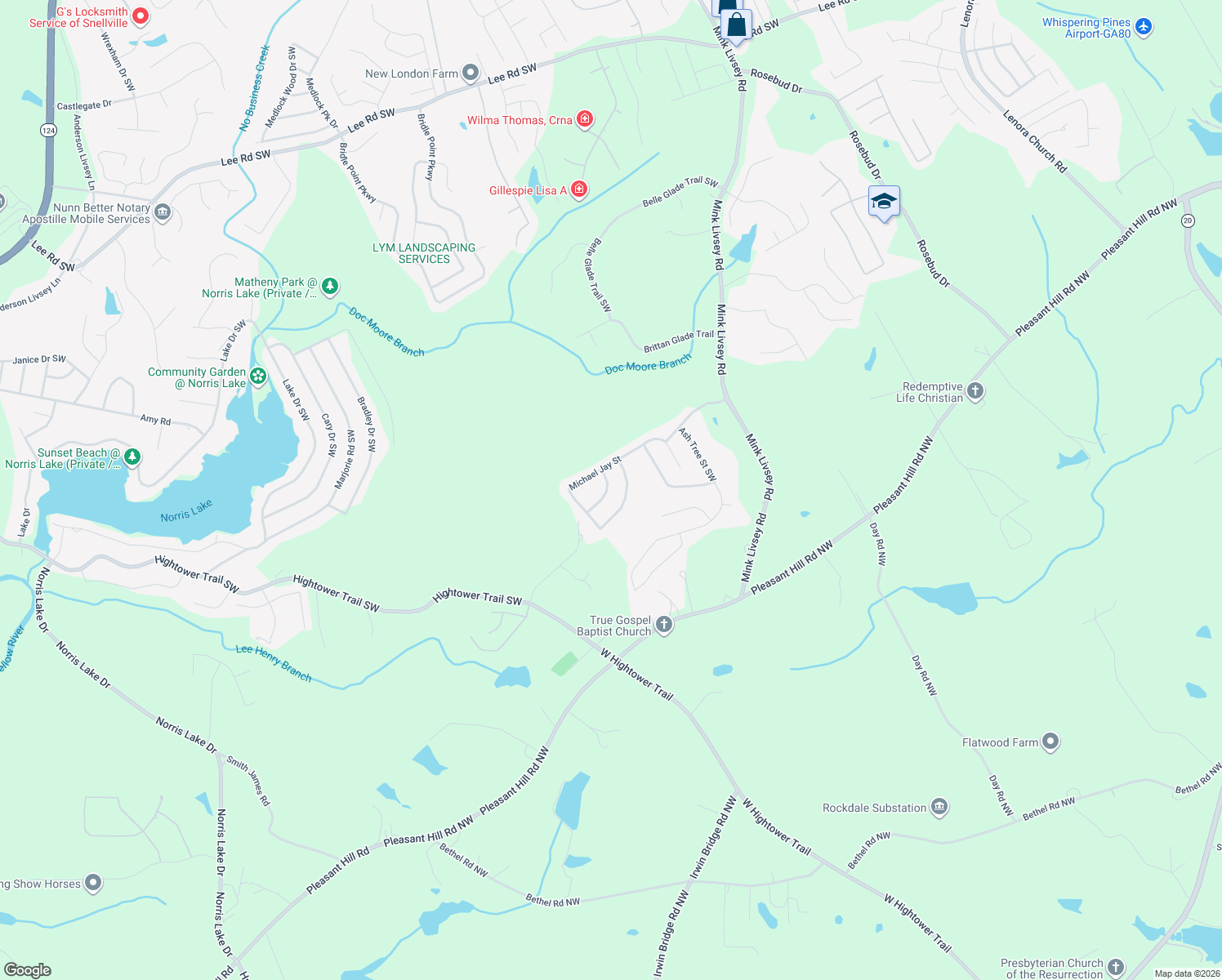 map of restaurants, bars, coffee shops, grocery stores, and more near 4937 Bottle Brush Southwest in Snellville