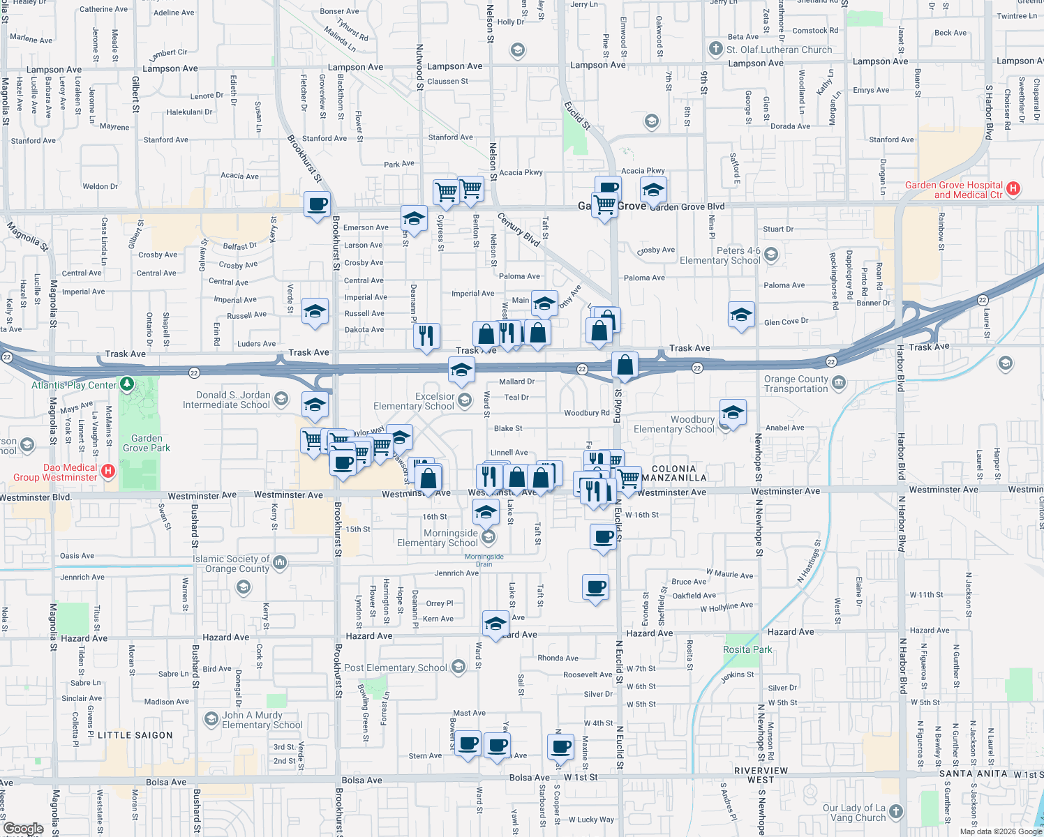 map of restaurants, bars, coffee shops, grocery stores, and more near 10642 Woodbury Road in Garden Grove