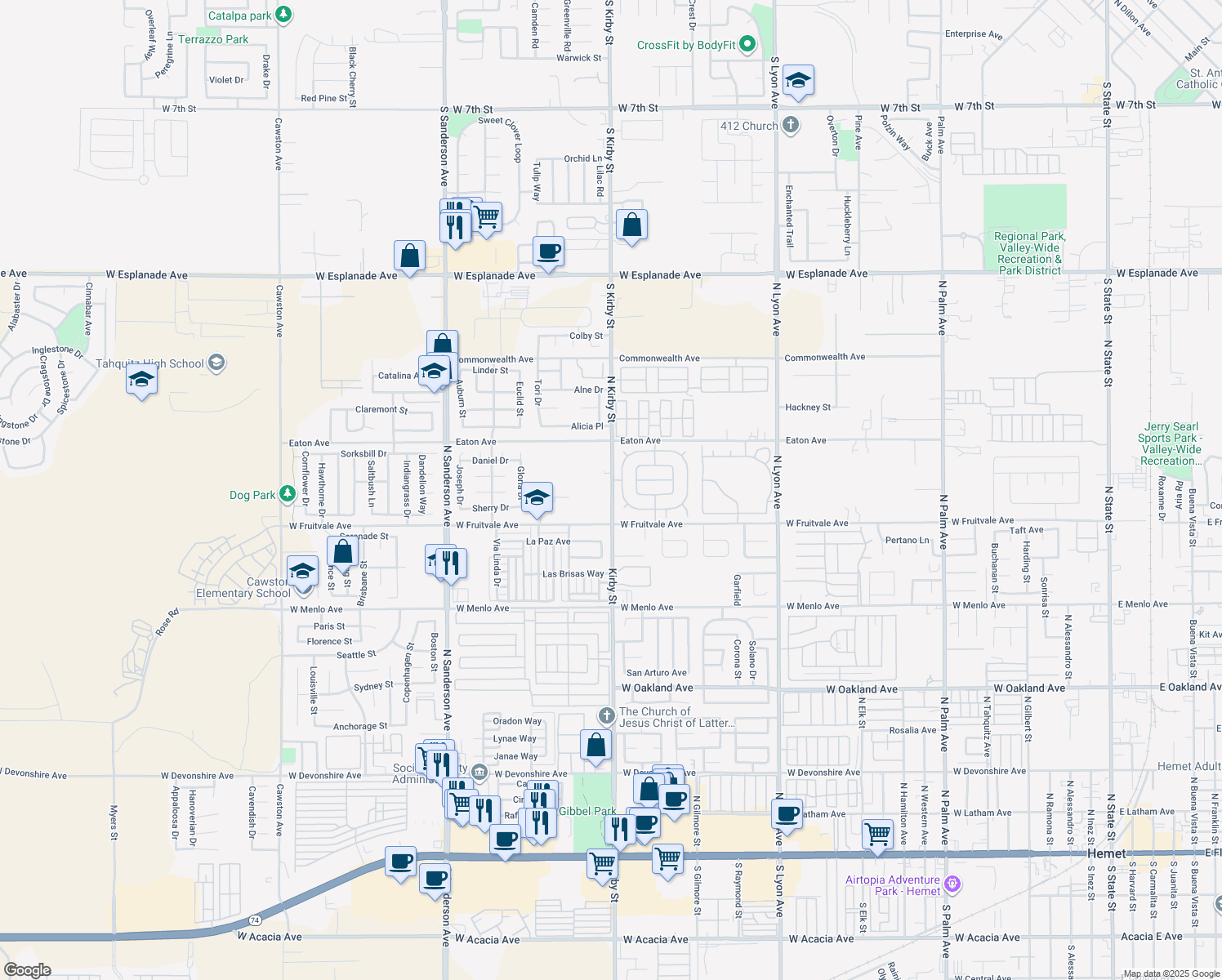 map of restaurants, bars, coffee shops, grocery stores, and more near 995 Kirby Street in Hemet