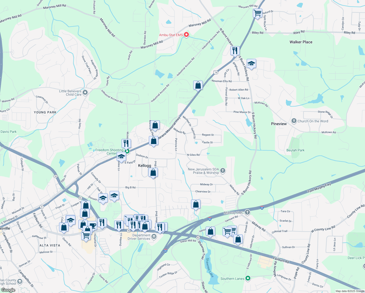 map of restaurants, bars, coffee shops, grocery stores, and more near 4381 Midway Road in Douglasville