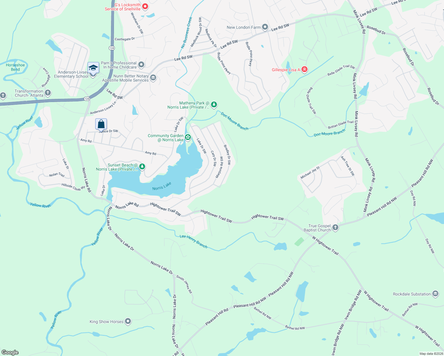 map of restaurants, bars, coffee shops, grocery stores, and more near 4389 Bradley Drive Southwest in Snellville