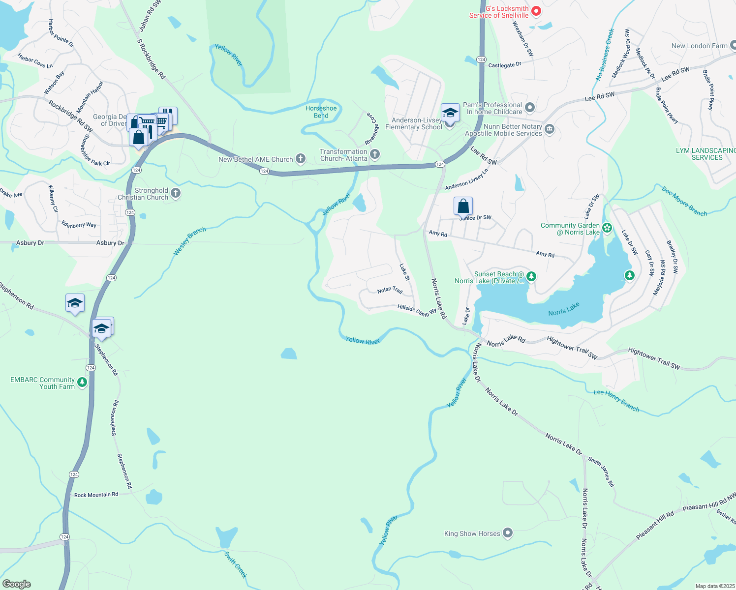 map of restaurants, bars, coffee shops, grocery stores, and more near 8051 Nolan Trail in Snellville