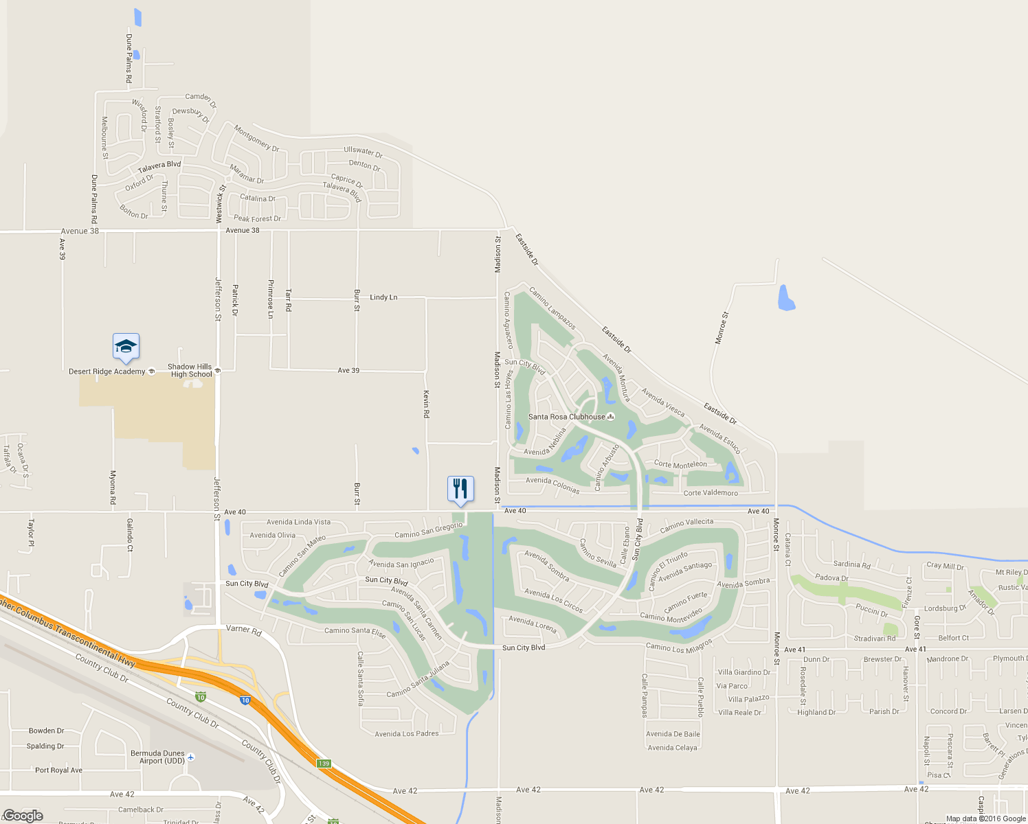 map of restaurants, bars, coffee shops, grocery stores, and more near 39290 Camino Las Hoyes in Indio