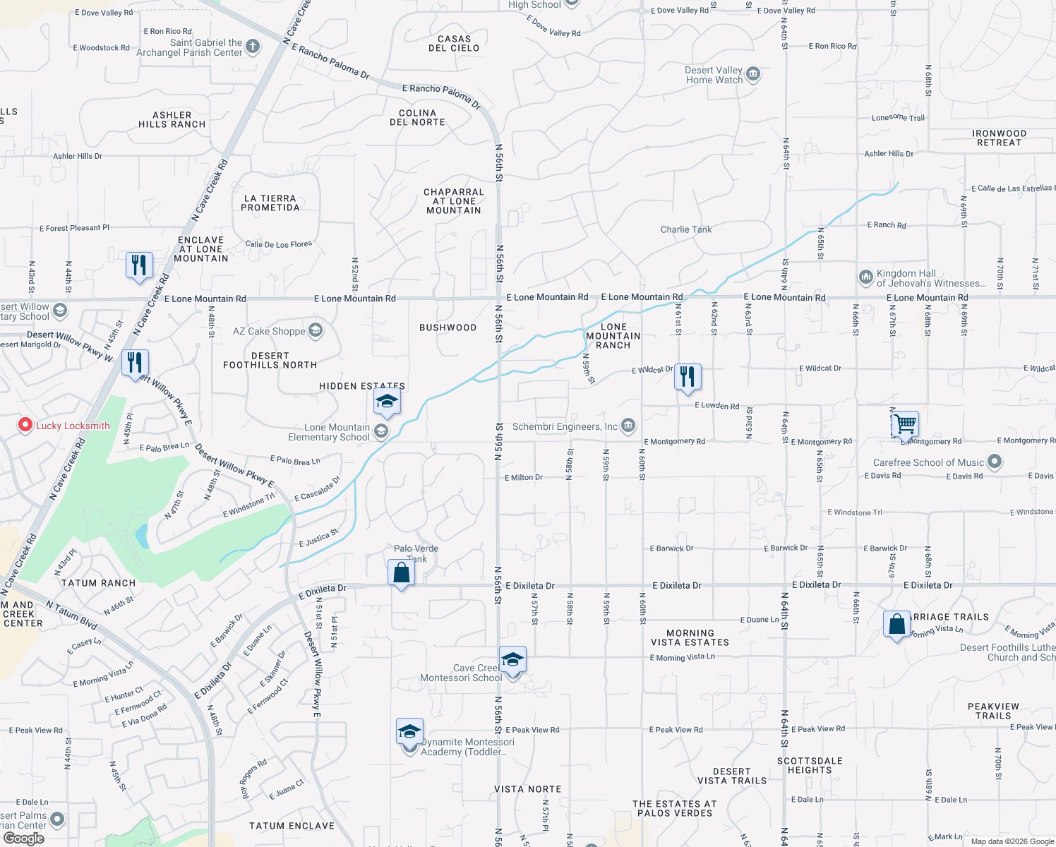 map of restaurants, bars, coffee shops, grocery stores, and more near 5640 Rancho Tierra Drive in Cave Creek