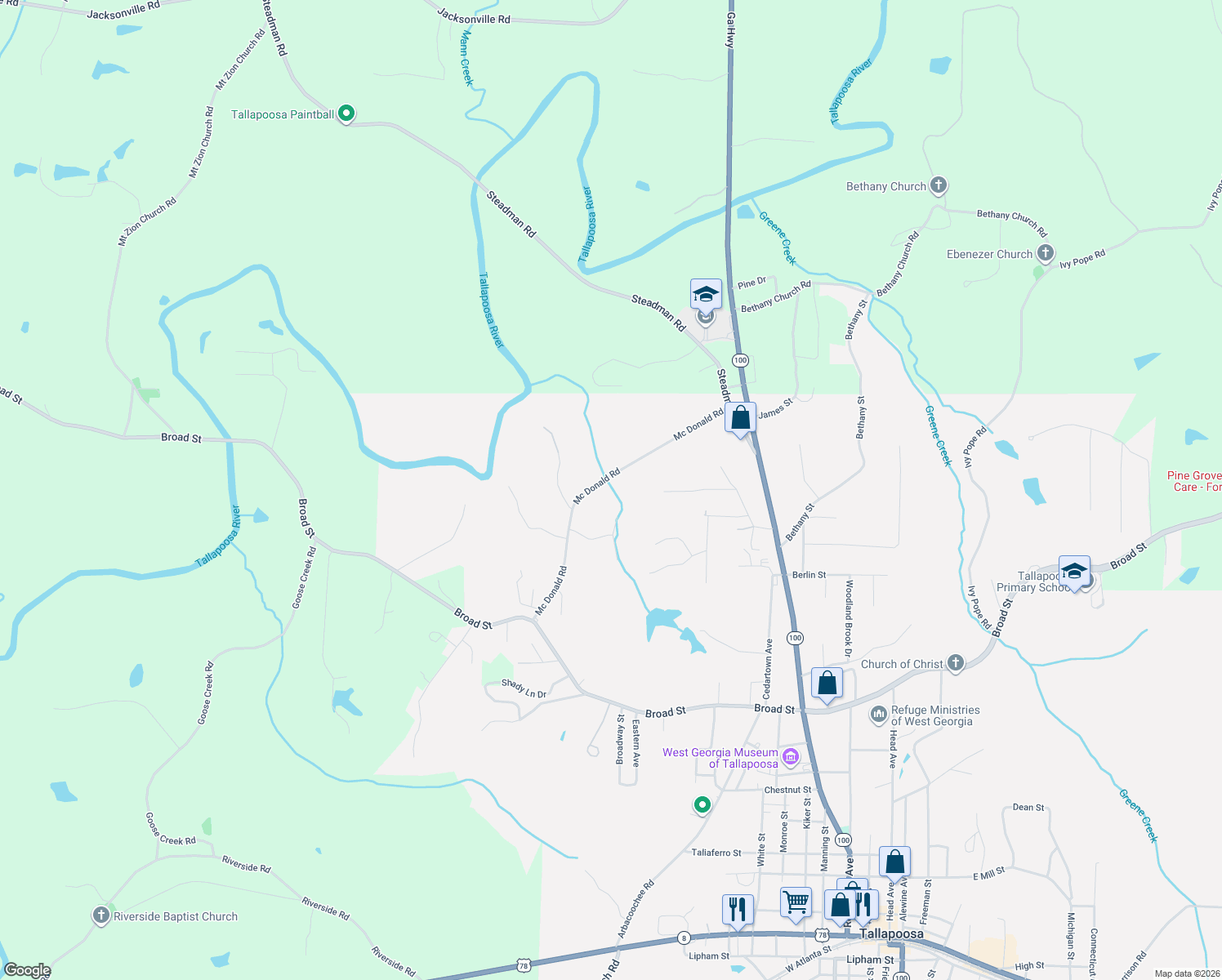 map of restaurants, bars, coffee shops, grocery stores, and more near 34 Woodstream Lane in Tallapoosa
