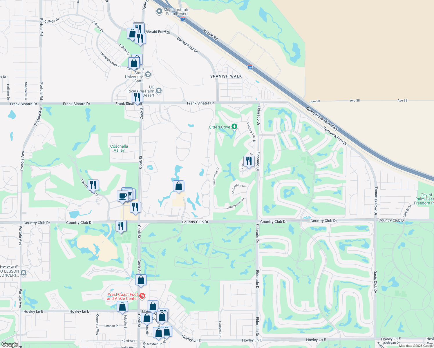 map of restaurants, bars, coffee shops, grocery stores, and more near 39196 Sweetwater Drive in Palm Desert