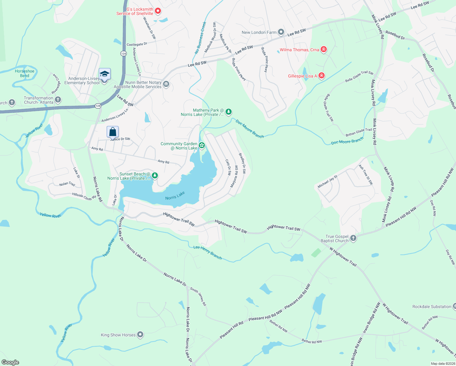 map of restaurants, bars, coffee shops, grocery stores, and more near 4428 Cary Drive Southwest in Snellville