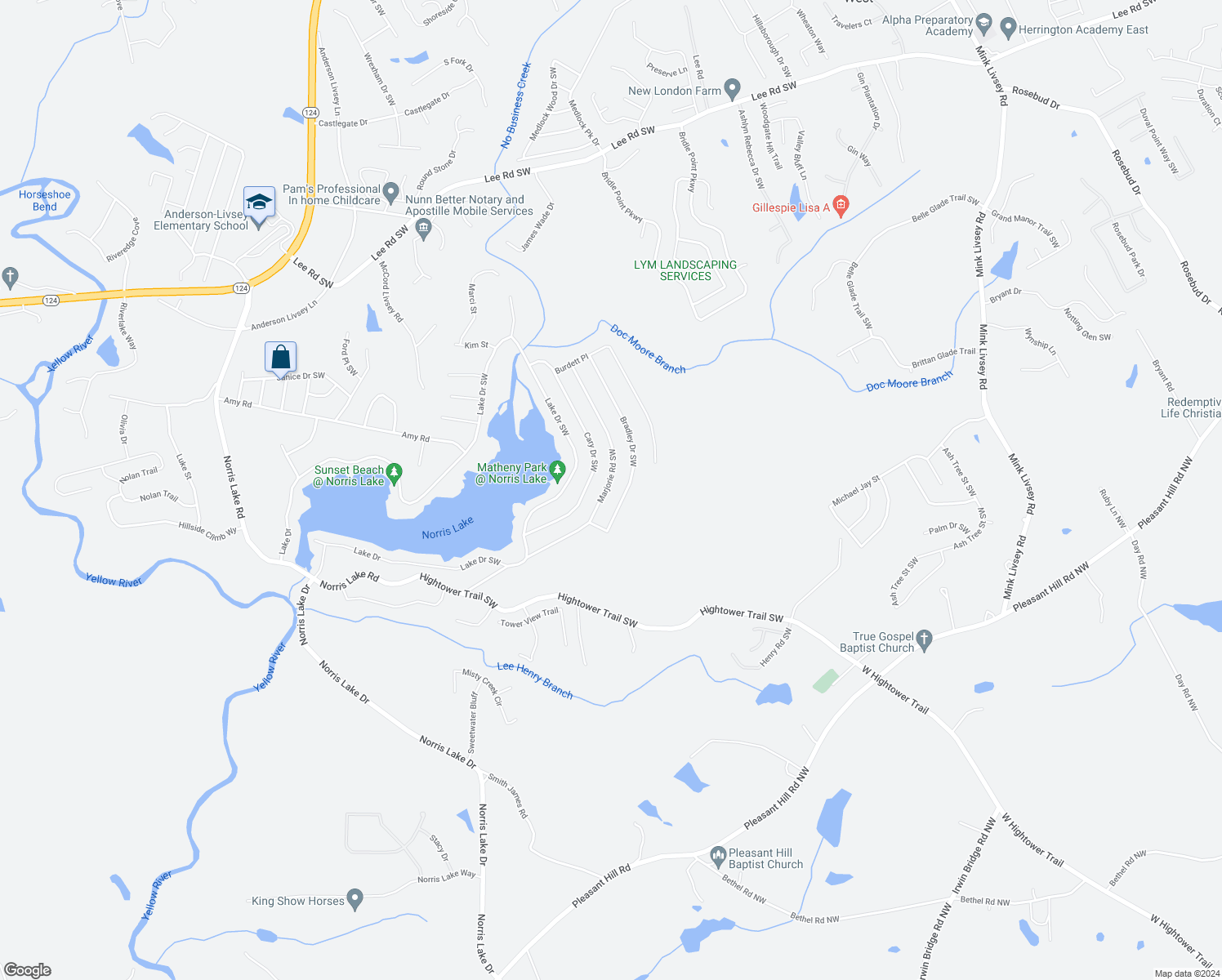 map of restaurants, bars, coffee shops, grocery stores, and more near 4364 Marjorie Road Southwest in Snellville