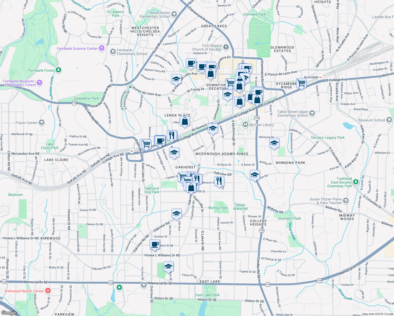 map of restaurants, bars, coffee shops, grocery stores, and more near 228 Jefferson Place in Decatur