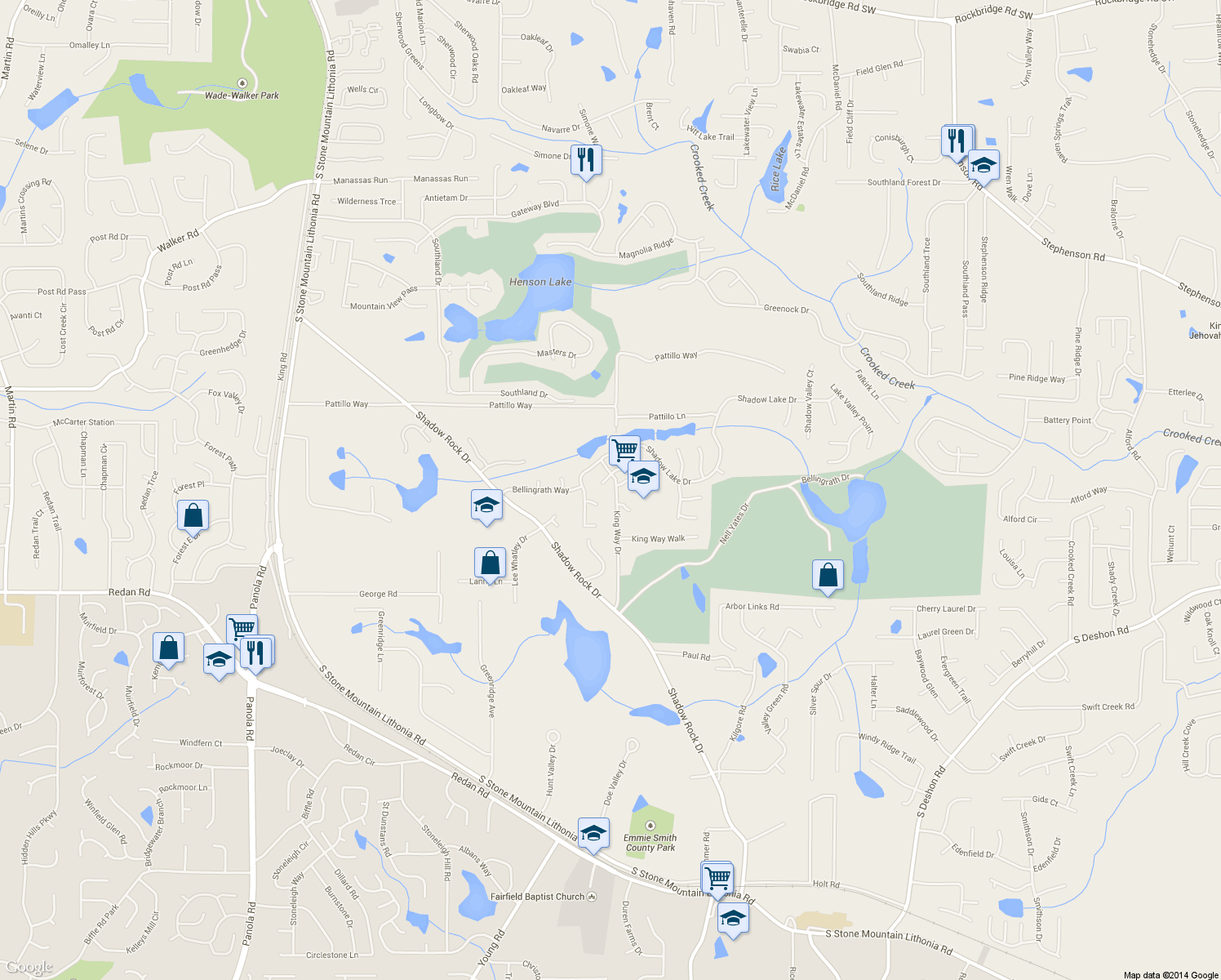 map of restaurants, bars, coffee shops, grocery stores, and more near 1023 King Way Dr in Lithonia