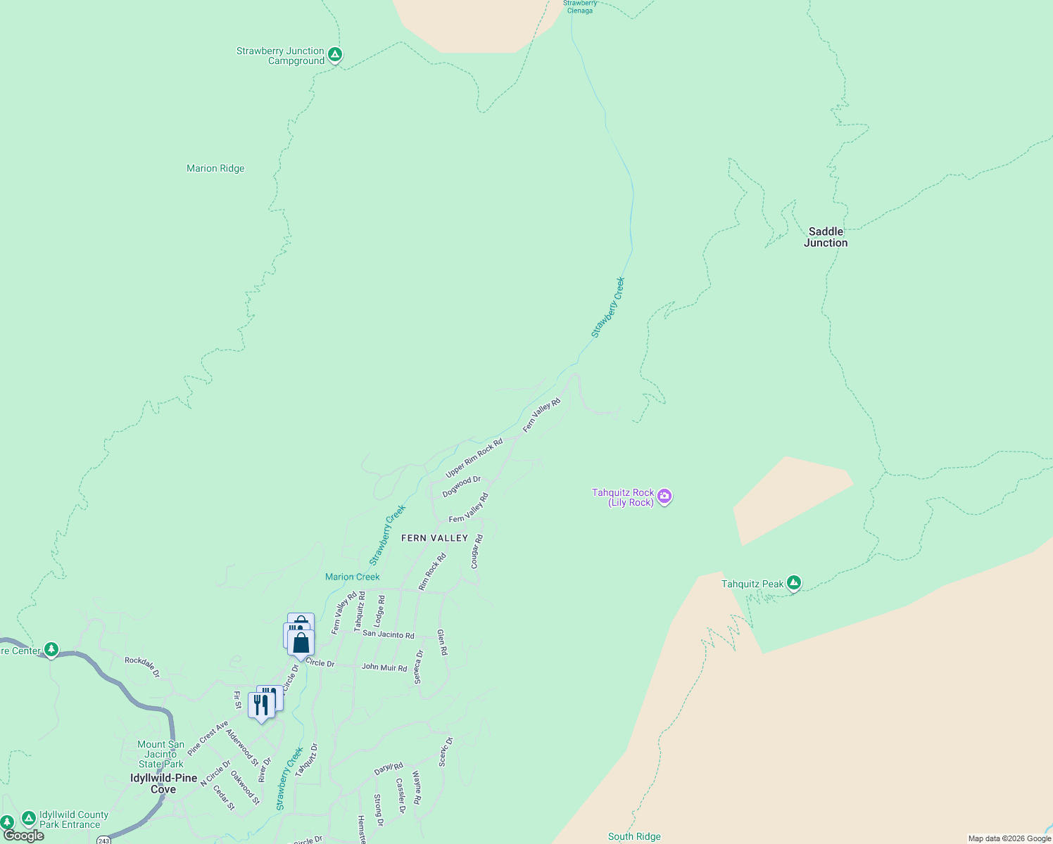 map of restaurants, bars, coffee shops, grocery stores, and more near 24542 Fern Valley Road in Idyllwild-Pine Cove