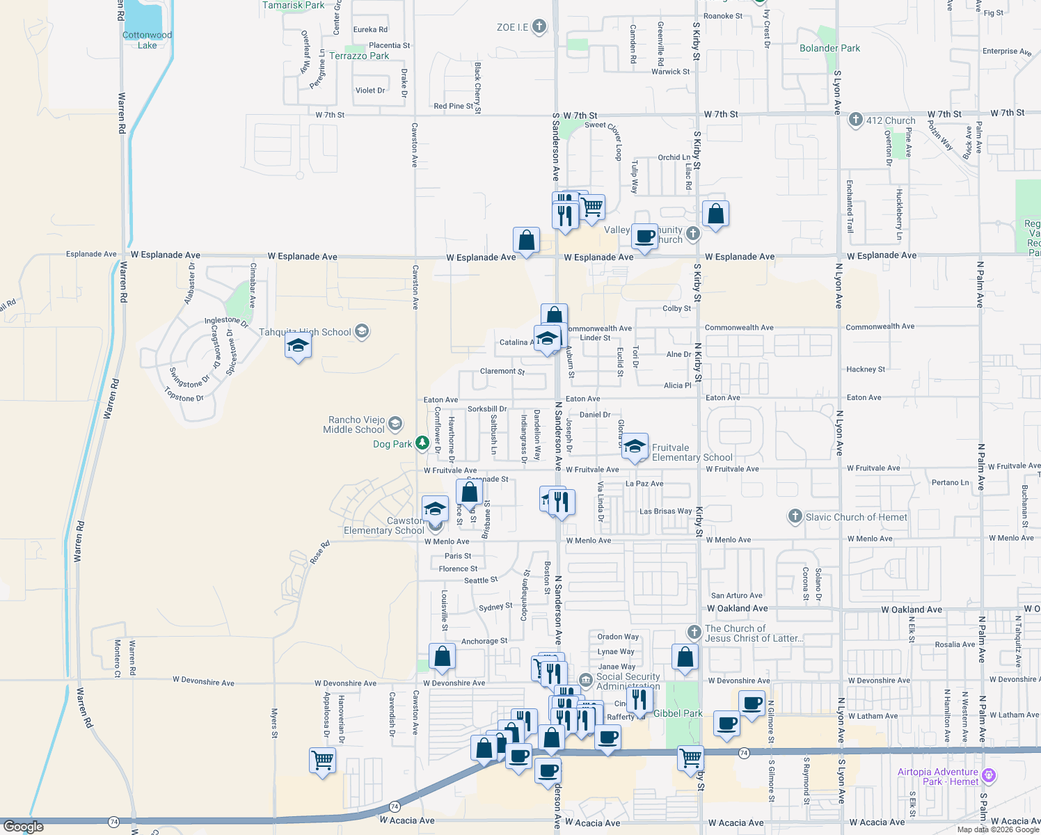 map of restaurants, bars, coffee shops, grocery stores, and more near 1053 Indiangrass Drive in Hemet