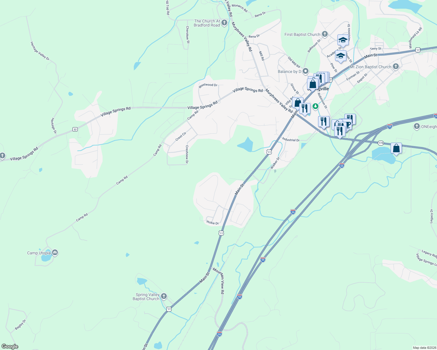 map of restaurants, bars, coffee shops, grocery stores, and more near 220 Pats Way in Springville