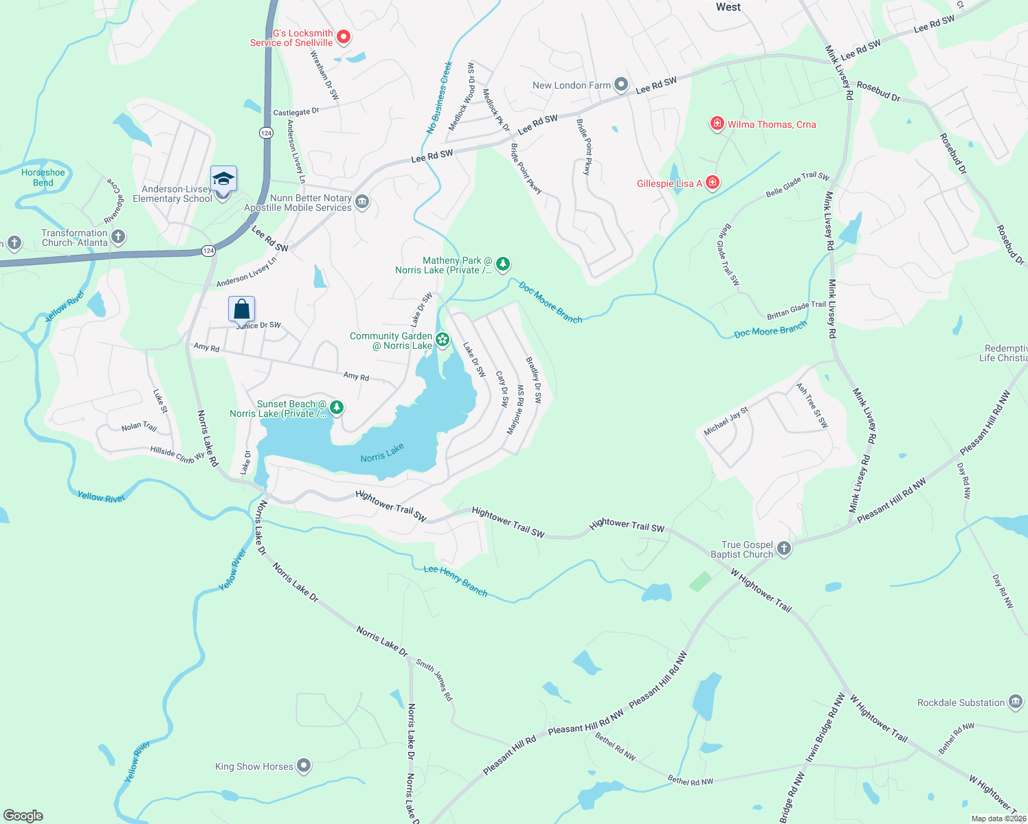 map of restaurants, bars, coffee shops, grocery stores, and more near 4357 Marjorie Road Southwest in Snellville