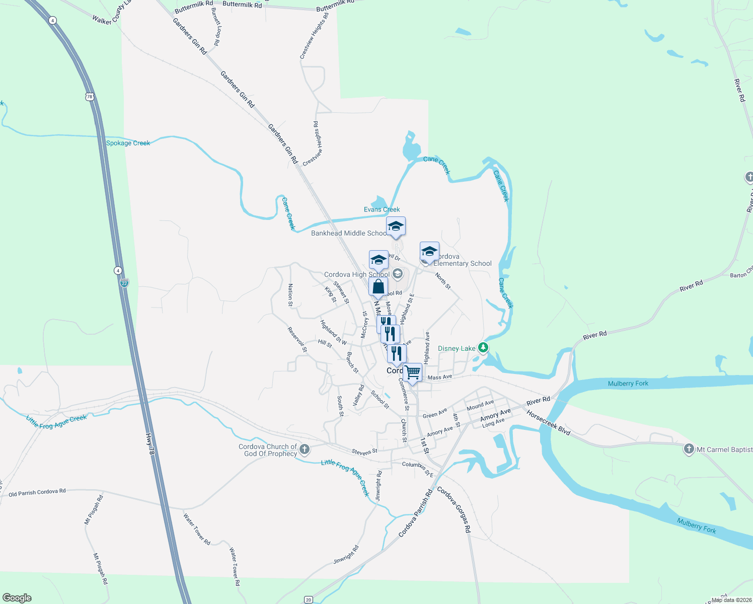 map of restaurants, bars, coffee shops, grocery stores, and more near Massachusetts Avenue in Cordova
